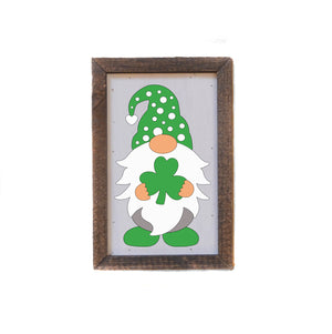 "Green Shamrock Gnome With Shamrock" 4"x6" Wood Sign - AW036