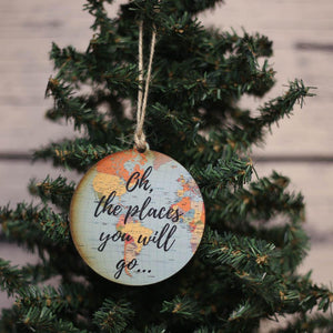 "Oh, The Places You Will Go..." World Map Christmas Ornament - WW019 - Driftless Studios
