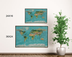 24x16 - Geographical Teal Natural Earth World Map - Travel Map - SM002 - Driftless Studios