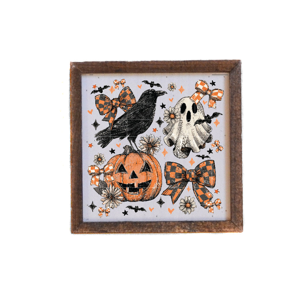 Crow Ghost Pumpkin and Bow 6x6 Wall Art Sign- BW206