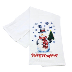 "Merry Christmas" Snowman With Christmas Tree Tea Towel - CLT029