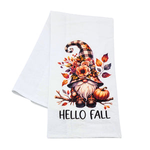 "Hello Fall" Gnome With Flowers Tea Towel - CLT033