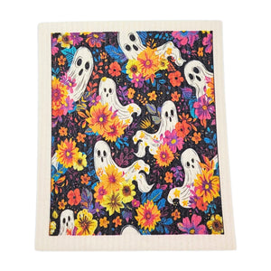 Groovy Flowers Halloween Ghosts Swedish Dishcloth Fall Decor