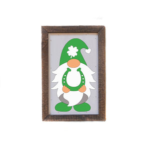 "Green Shamrock Gnome With Horseshoe" 4"x6" Wood Sign - AW034