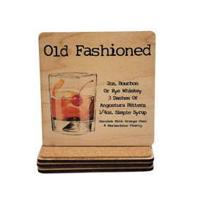 Old Fashioned Cocktail Wood Coaster with Cork Back- COA039