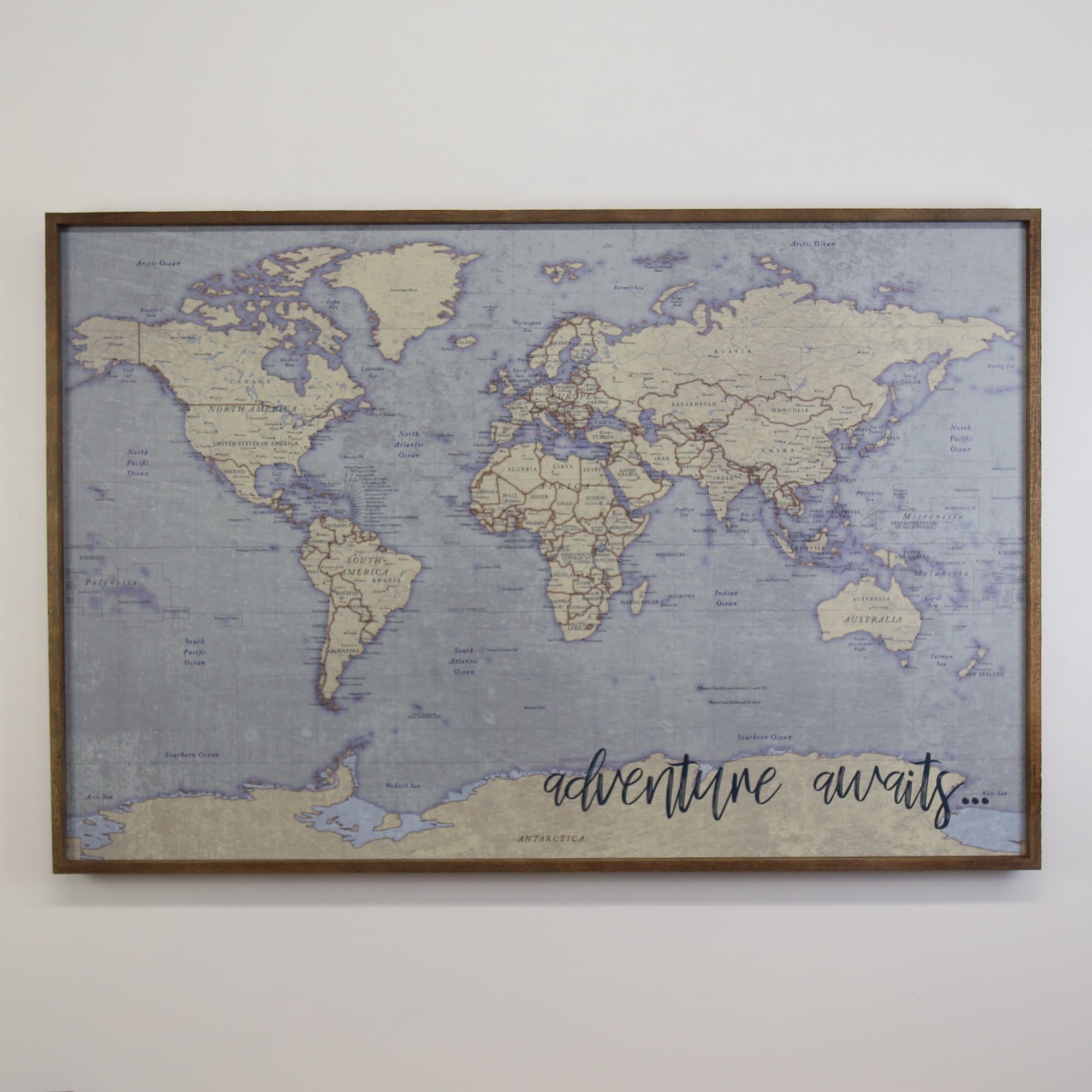 World Map Framed W33xH22 Black Patented Magnetic Back w/30 Pins